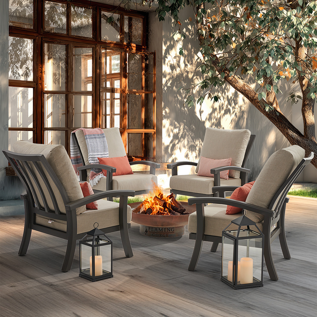 In-Store Only - Fairmont Aged Bronze Aluminum with Cushions 5 Piece Chat Set + 36 in. D Corten Steel Fire Pit
