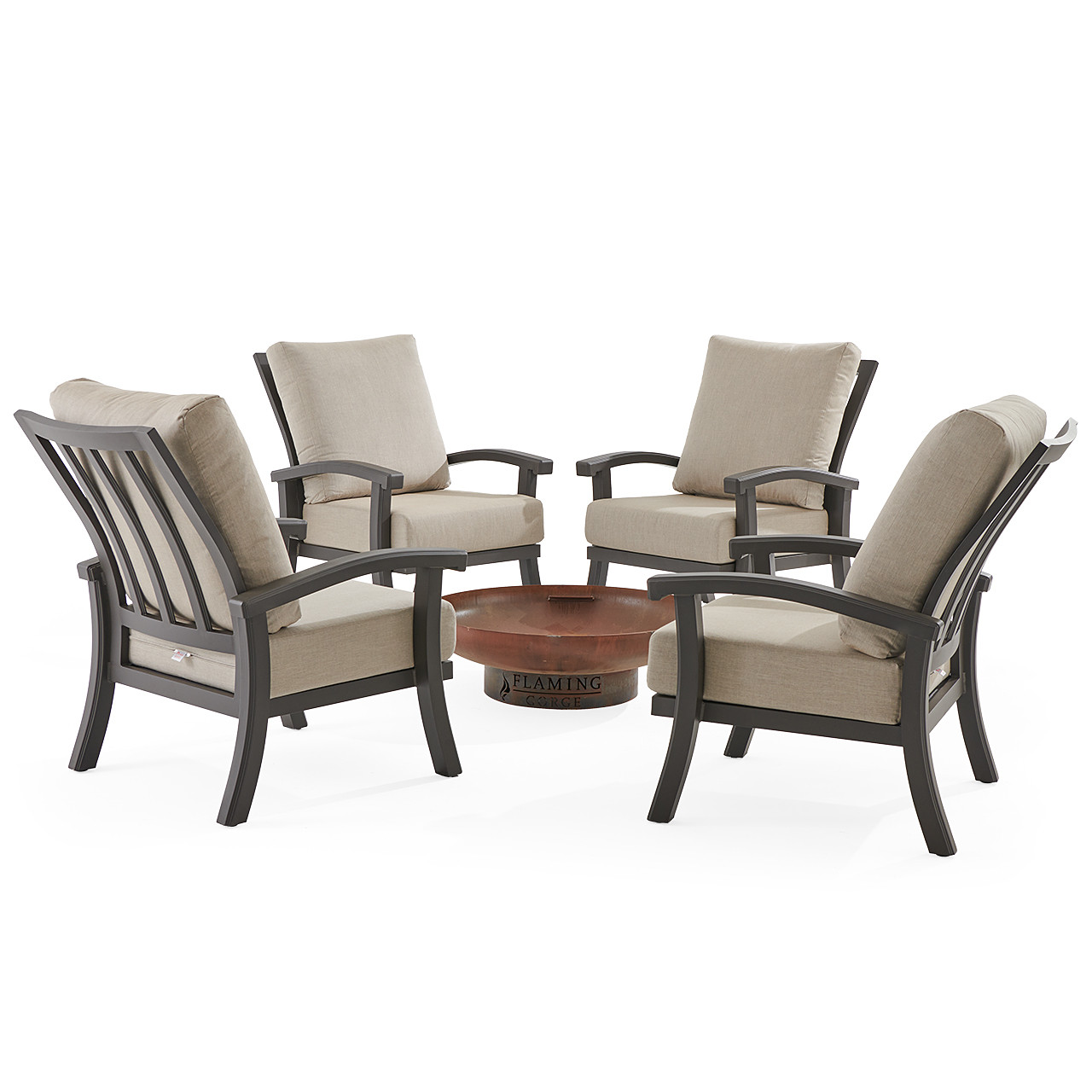 In-Store Only - Fairmont Aged Bronze Aluminum with Cushions 5 Piece Chat Set + 36 in. D Corten Steel Fire Pit