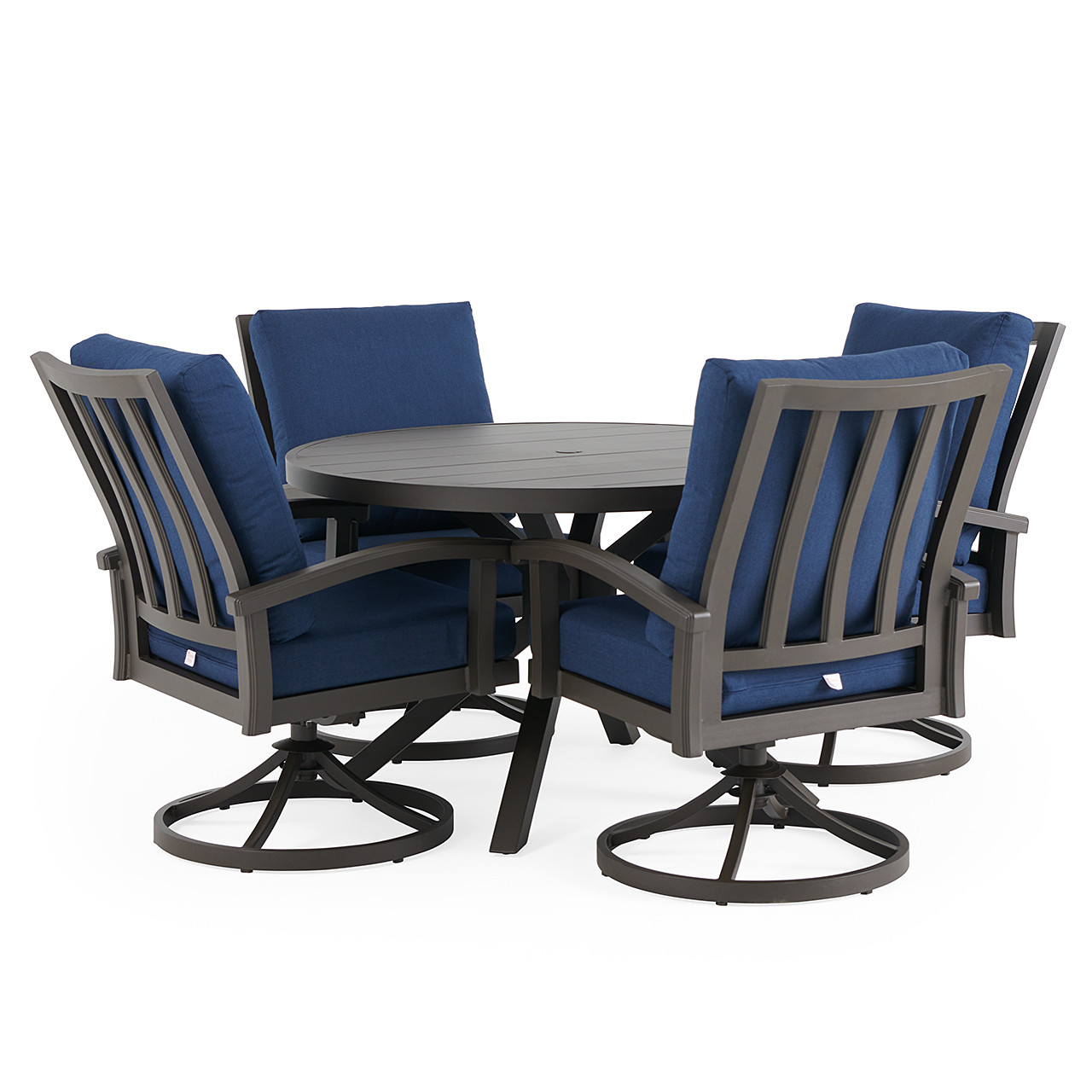 Fairmont Aged Bronze Aluminum with Spectrum Indigo Cushions 5 Piece Swivel Dining Set + 48 in. D Table