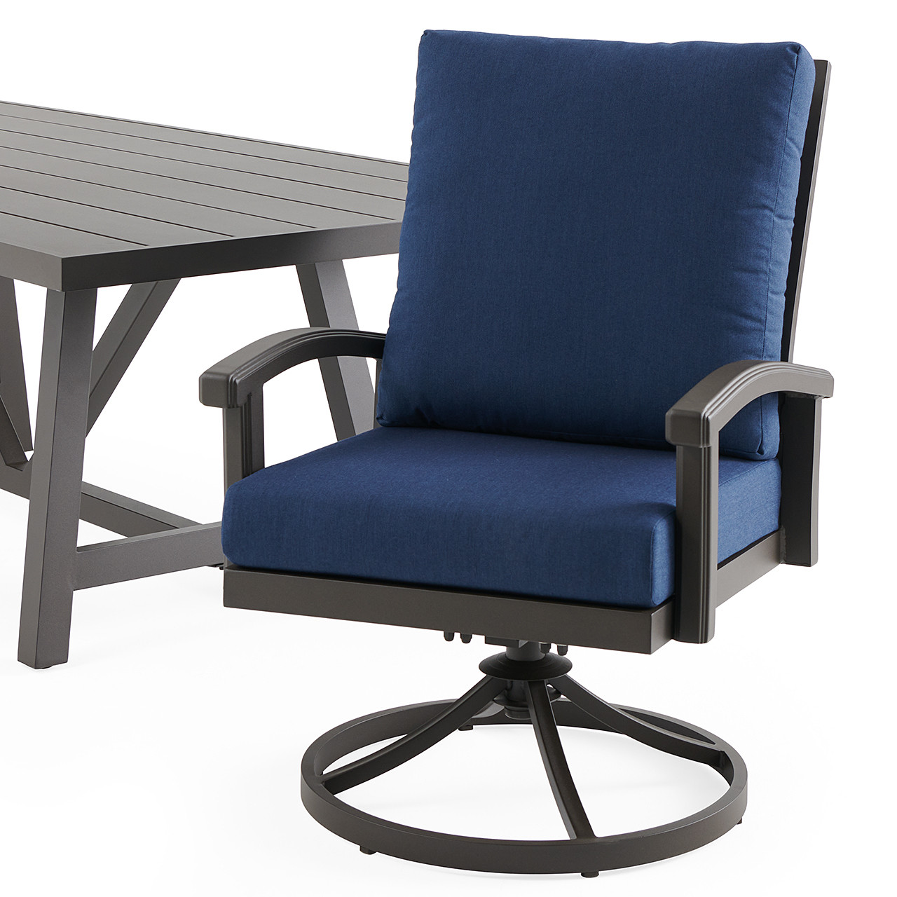 Fairmont Aged Bronze Aluminum with Spectrum Indigo Cushions 7 Piece Combo Dining Set + 70 x 42 in. Table