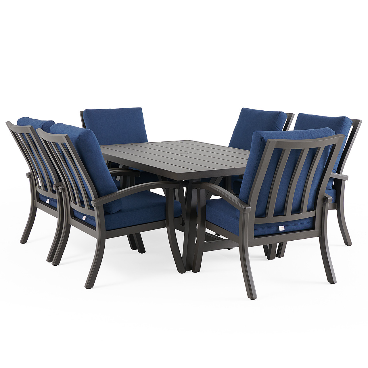 Fairmont Aged Bronze Aluminum with Spectrum Indigo Cushions 7 Piece Dining Set + 70 x 42 in. Table