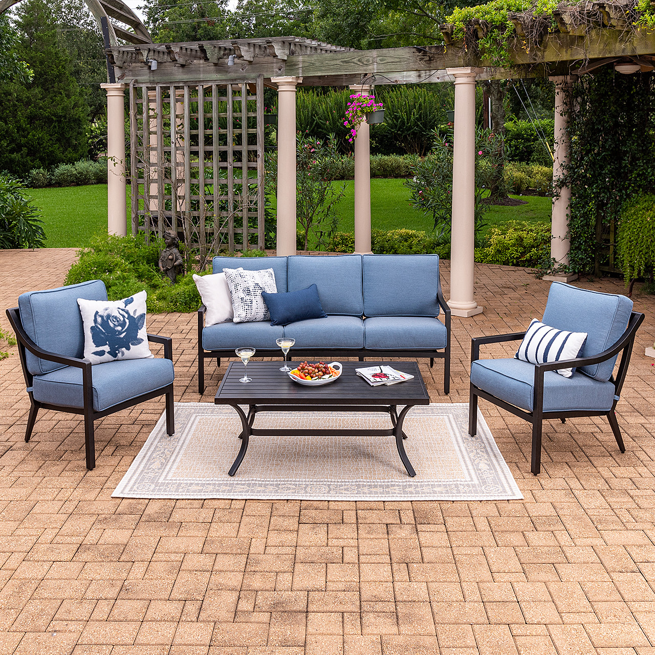 Hill Country Aged Bronze Aluminum and Spectrum Denim Cushions 4 Piece Sofa Group + 48 x 28 in. Coffee Table