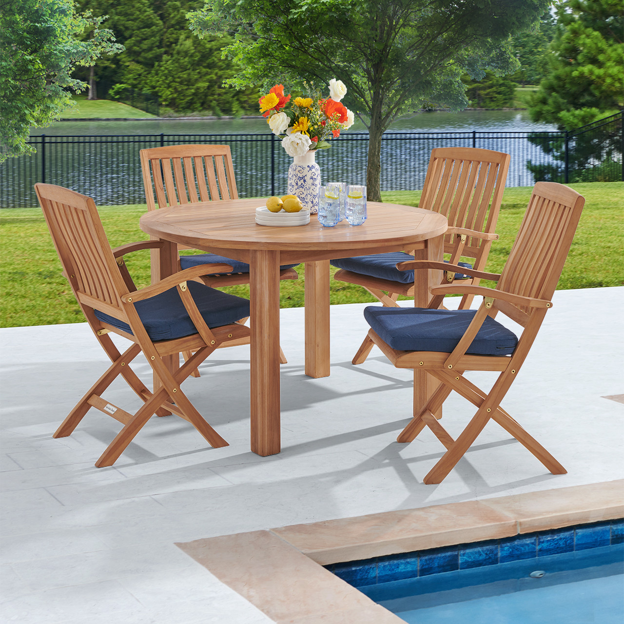 Westport Teak with Cushions 5 Piece Arm Dining Set + Oxford 48 in. D Table