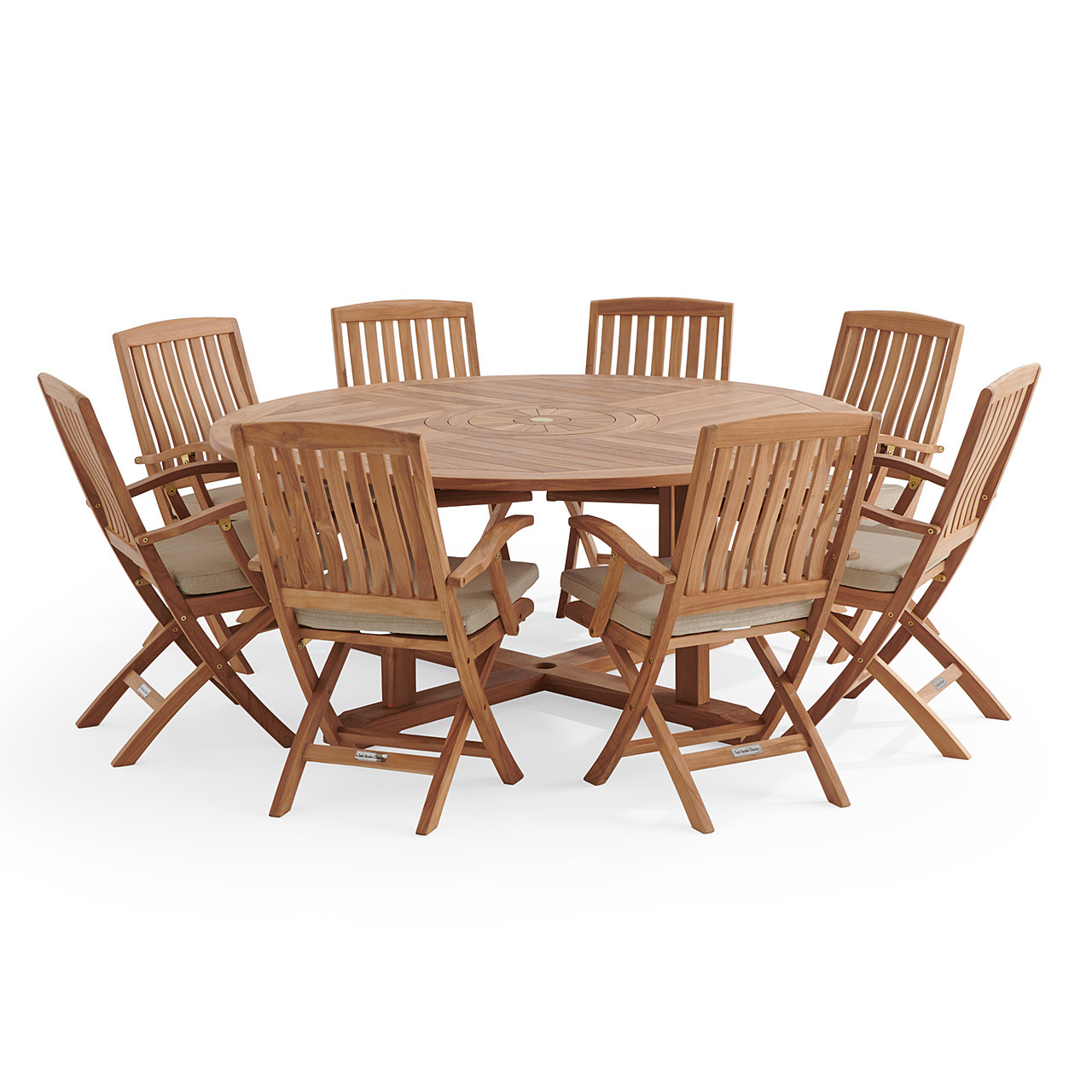 Westport Teak with Cushions 9 Piece Arm Dining Set + Bristol 70 in. D Table