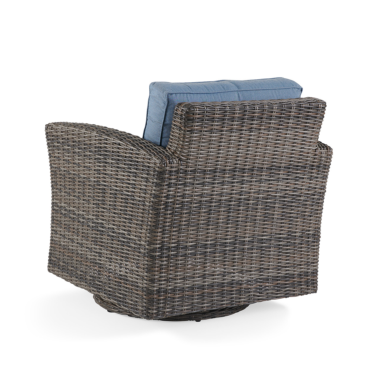 Venice Silver Oak Outdoor Wicker with Spectrum Denim Cushions 5 Piece Swivel Chat Set + 48 in. D Driftwood Sintered Fire Pit Venice Silver Oak Outdoor Wicker with Spectrum Denim Cushions 5 Piece Swivel Chat Set + 48 in. D Driftwood Sintered Fire Pit