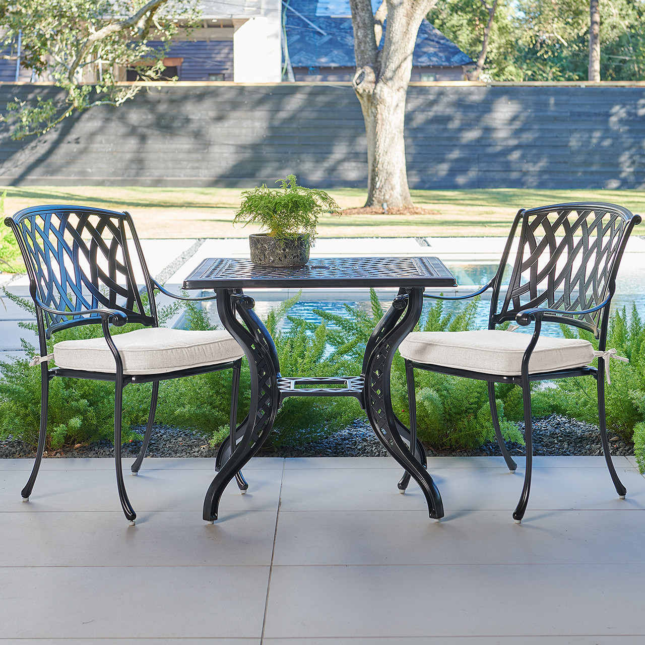 Tivoli Matte Black Cast Aluminum with Cushions 3 Piece Bistro Set + 32 in. Sq. Table Tivoli Matte Black Cast Aluminum with Cushions 3 Piece Bistro Set + 32 in. Sq. Table
