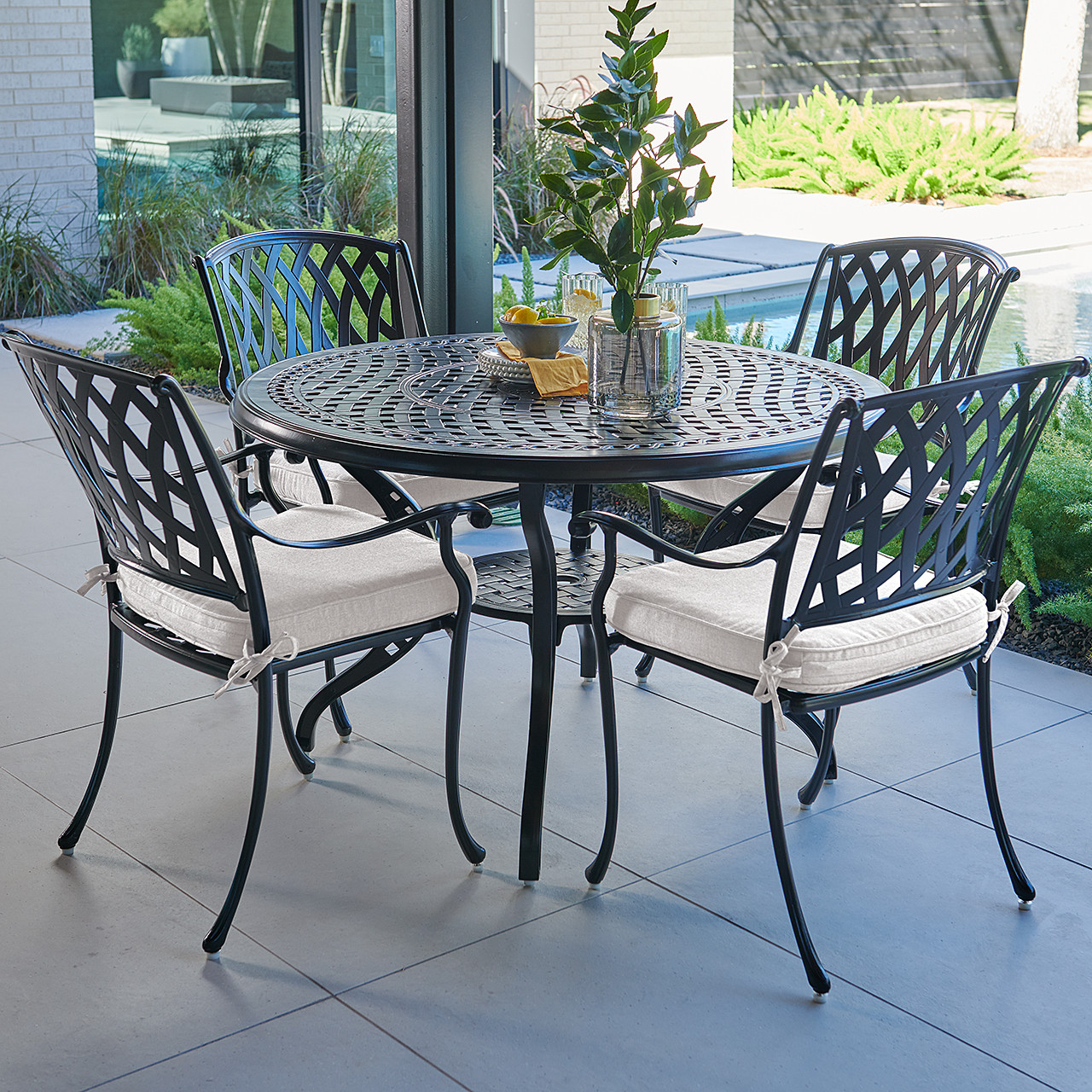 Tivoli Matte Black Cast Aluminum with Cushions 5 Piece Dining Set + 48 in. D Table