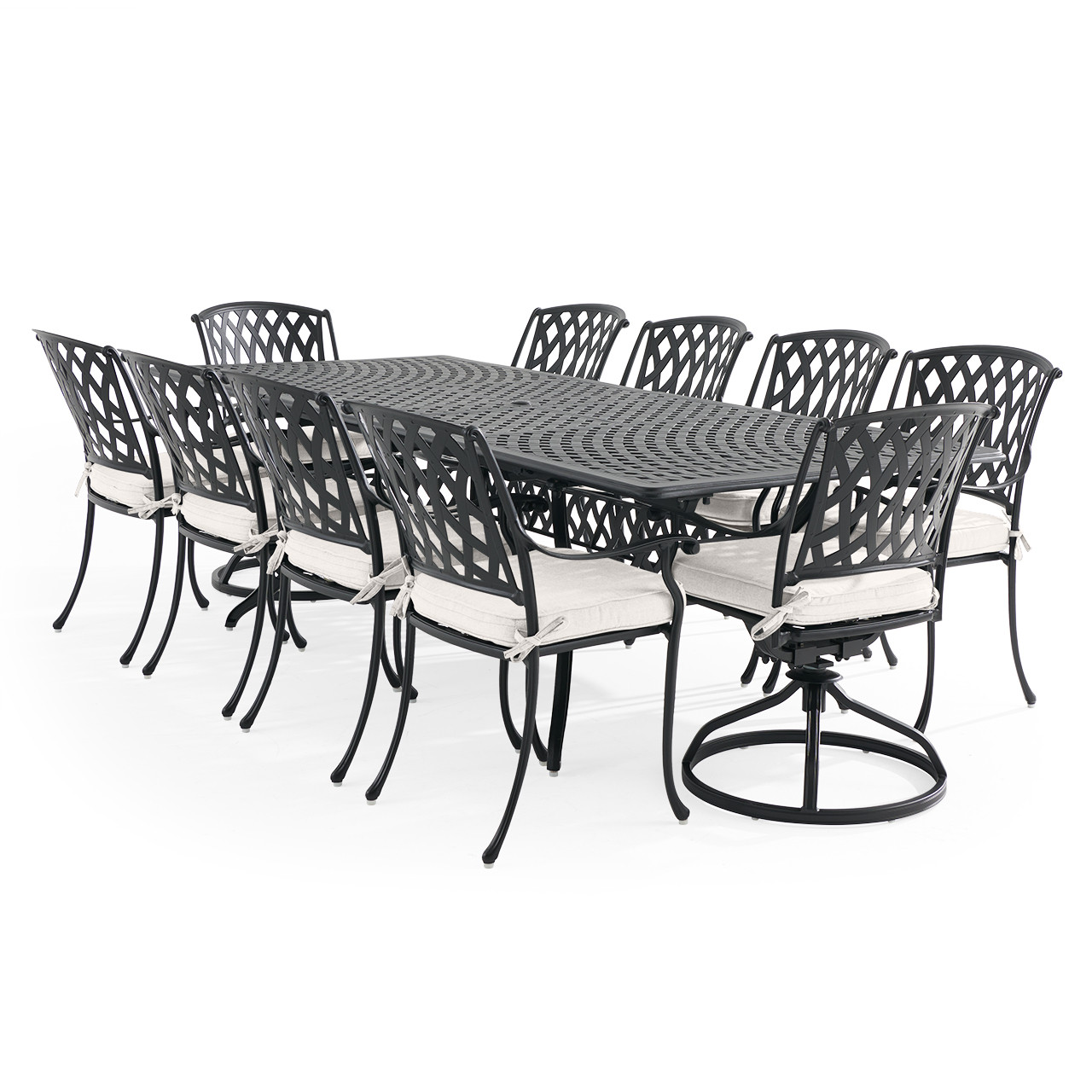 Tivoli Matte Black Cast Aluminum with Cushions 11 Piece Combo Dining Set + 71-103 x 44 in. Extension Table