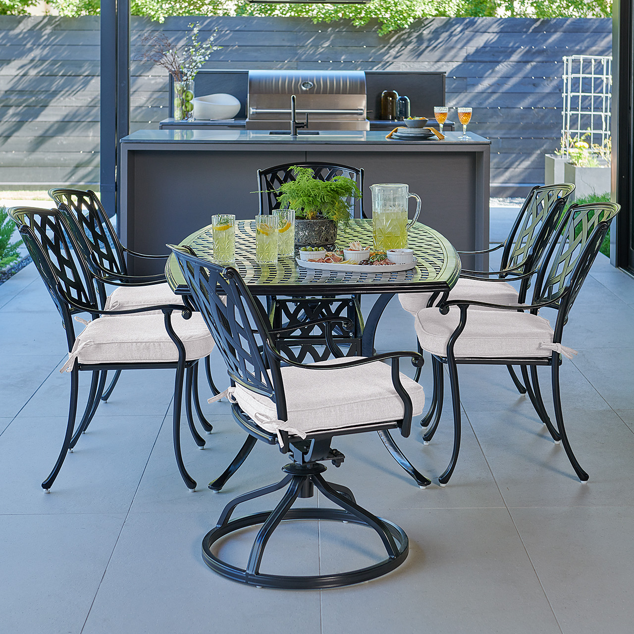 Tivoli Matte Black Cast Aluminum with Cushions 7 Piece Combo