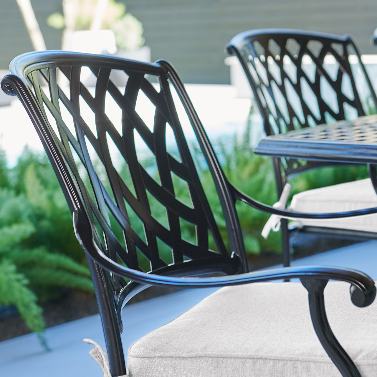 Tivoli Matte Black Cast Aluminum with Cushions 7 Piece Dining Set + 72 x 42 in. Table Tivoli Matte Black Cast Aluminum with Cushions 7 Piece Dining Set + 72 x 42 in. Table