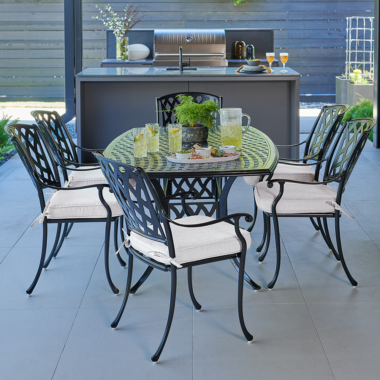 Tivoli Matte Black Cast Aluminum with Cushions 7 Piece Dining Set + 72 x 42 in. Table Tivoli Matte Black Cast Aluminum with Cushions 7 Piece Dining Set + 72 x 42 in. Table