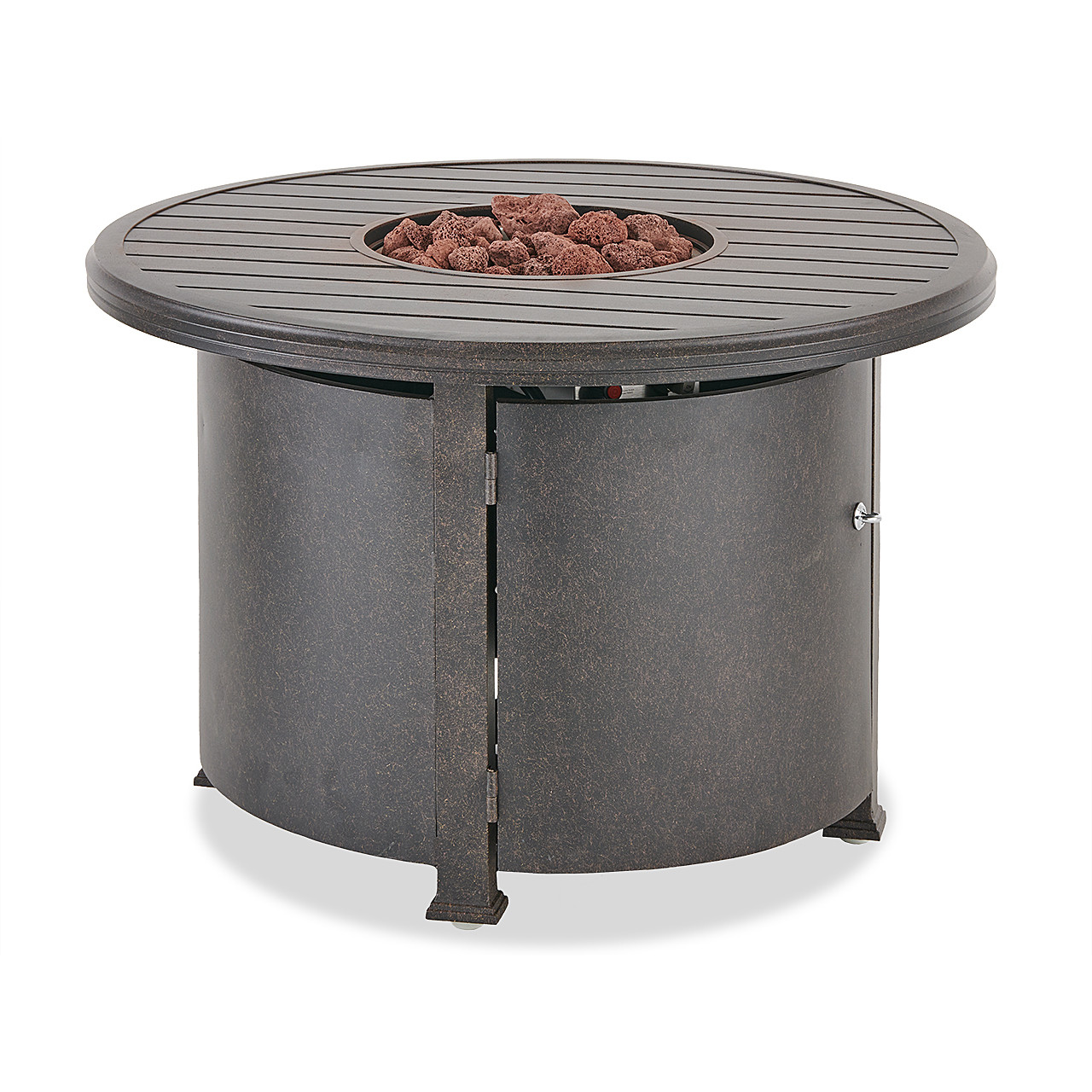 Hill Country Aged Bronze Aluminum with Spectrum Denim Cushions 5 Piece Swivel Chat Set + 36 in. D Fire Pit Hill Country Aged Bronze Aluminum with Spectrum Denim Cushions 5 Piece Swivel Chat Set + 36 in. D Fire Pit