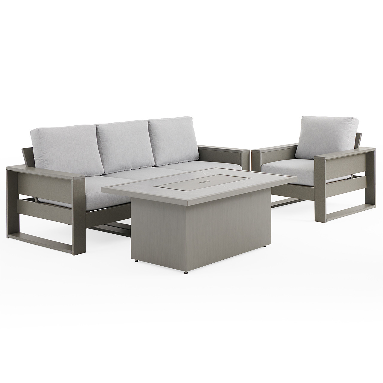 Montauk Slate Grey Polymer with Cushions 5 Piece Modular Sofa Group + 52 x 32 in. Fire Pit Table