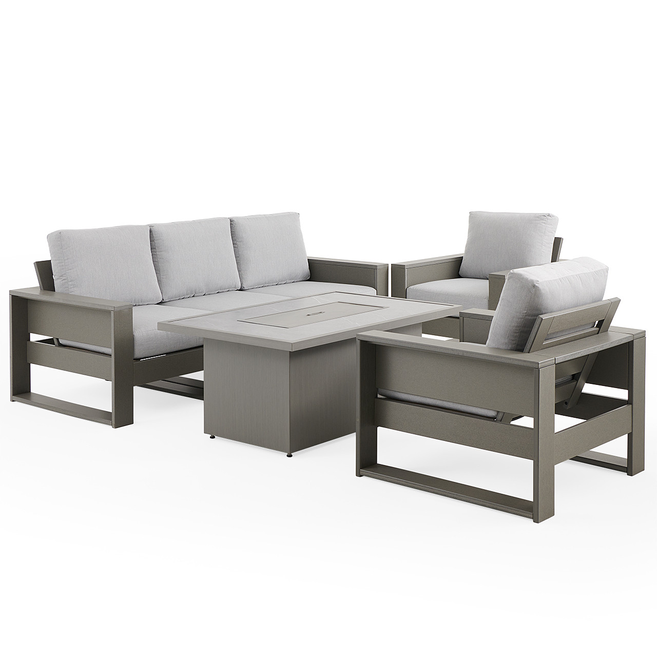 Montauk Slate Grey Polymer with Cushions 6 Piece Modular Sofa Group + 52 x 32 in. Fire Pit Table