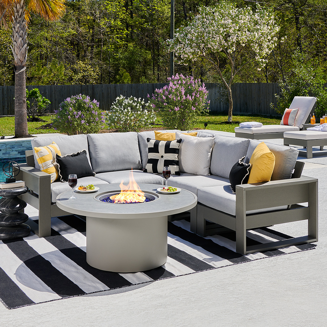 Montauk Slate Grey Polymer with Cushions 6 Piece Modular Sectional + 48 in. D Fire Pit Table