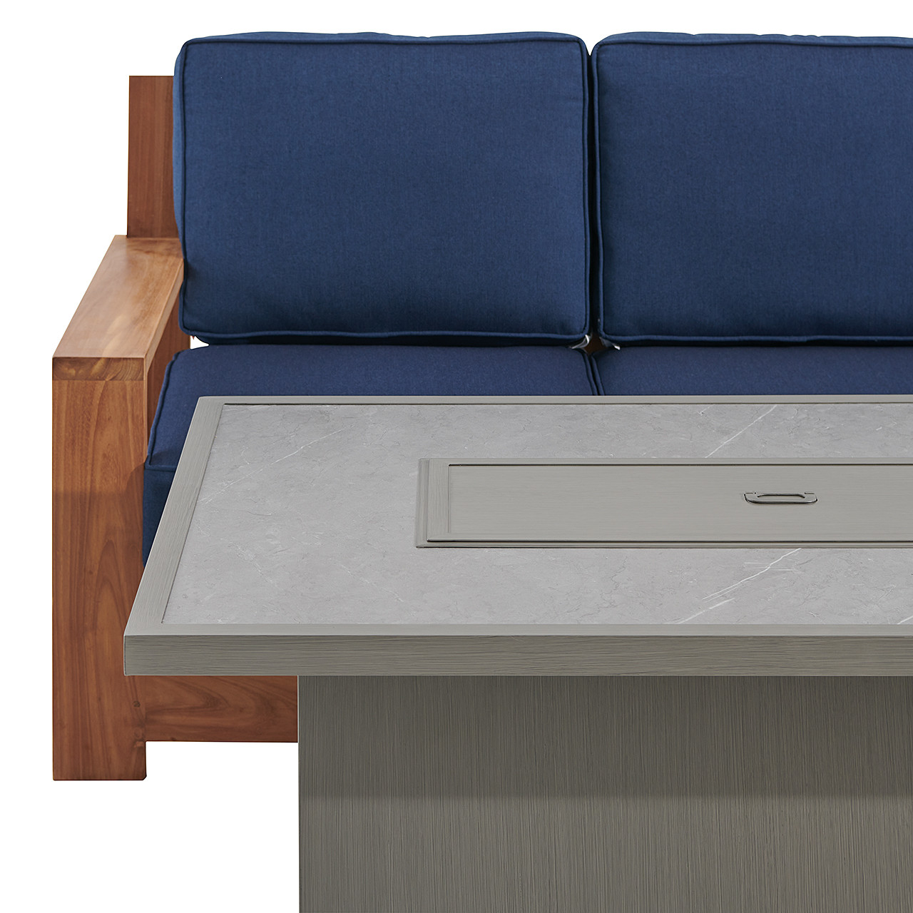 Castello Teak with Cushions 3 Piece Sofa Group + 52 x 32 in. Sintered Fire Pit