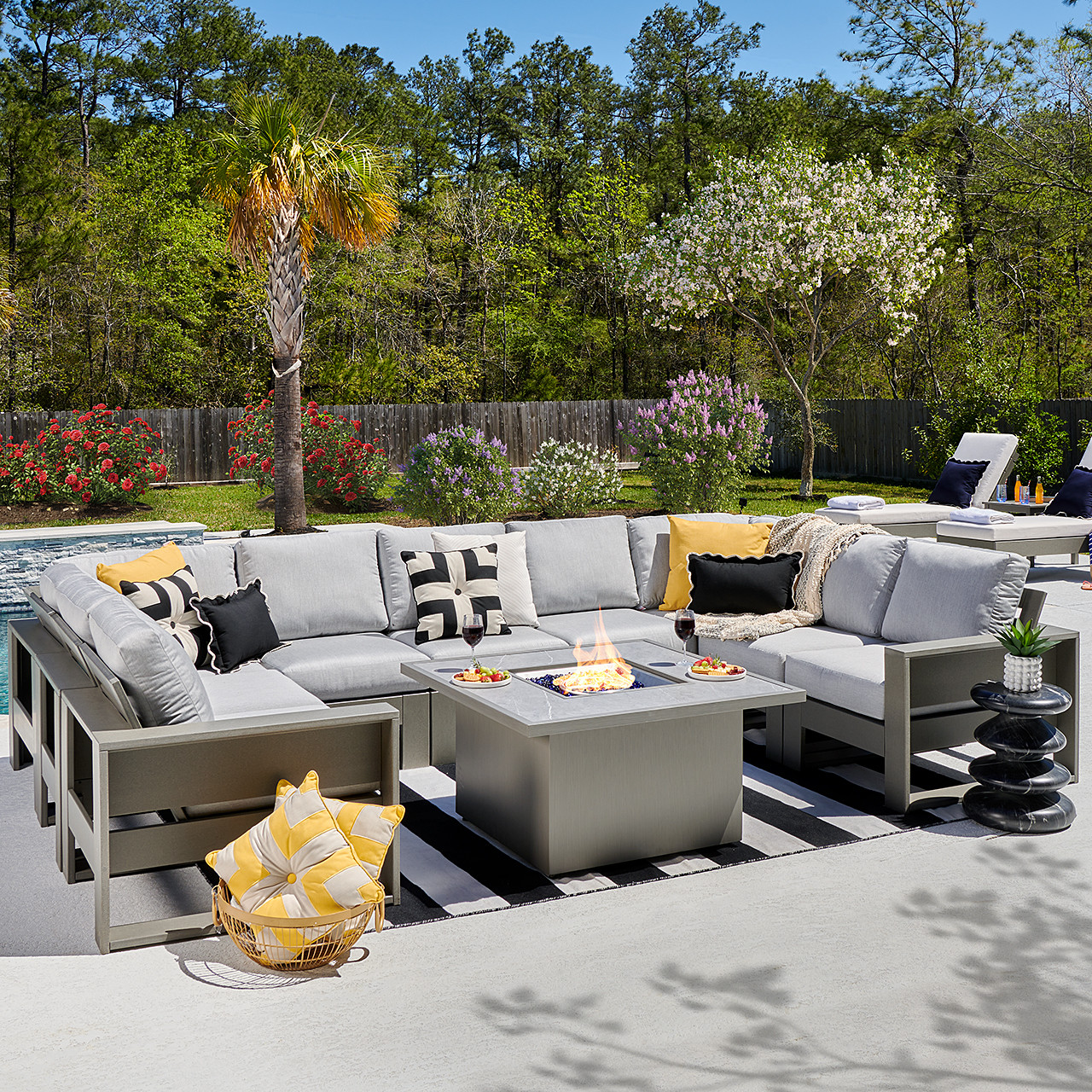 Montauk Slate Grey Polymer with Cushions 10 Piece Modular Sectional + 42 in. Sq. Fire Pit Table