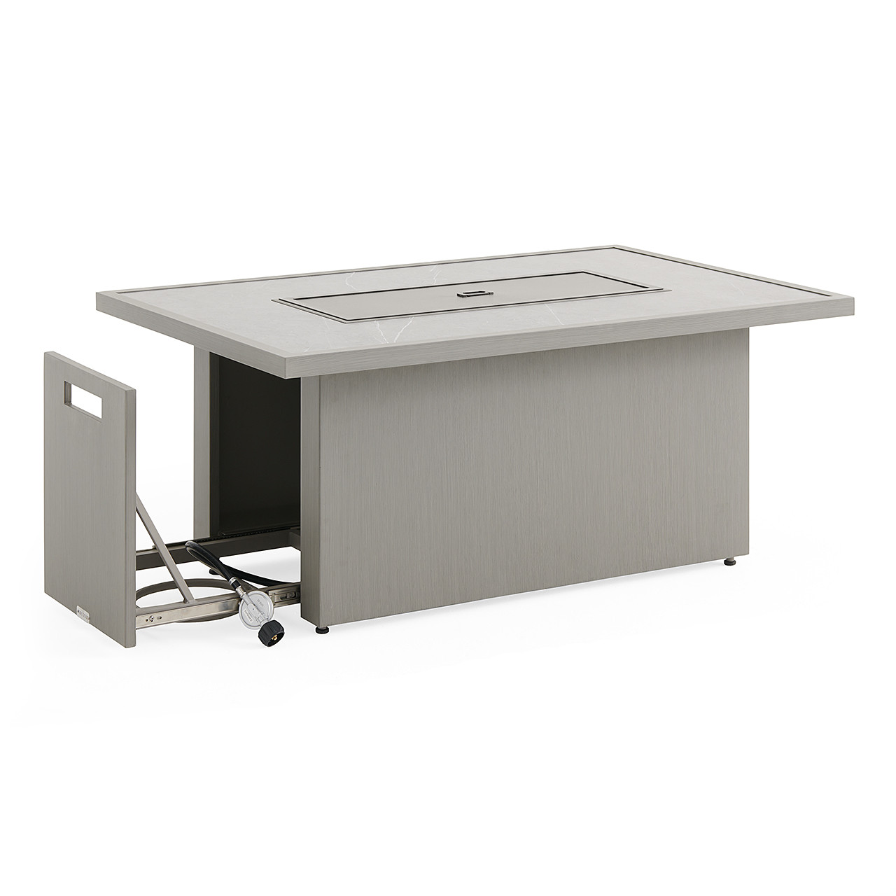 Montauk Slate Grey Polymer with Cushions 10 Piece Modular Sectional + 52 x 32 in. Fire Pit Table