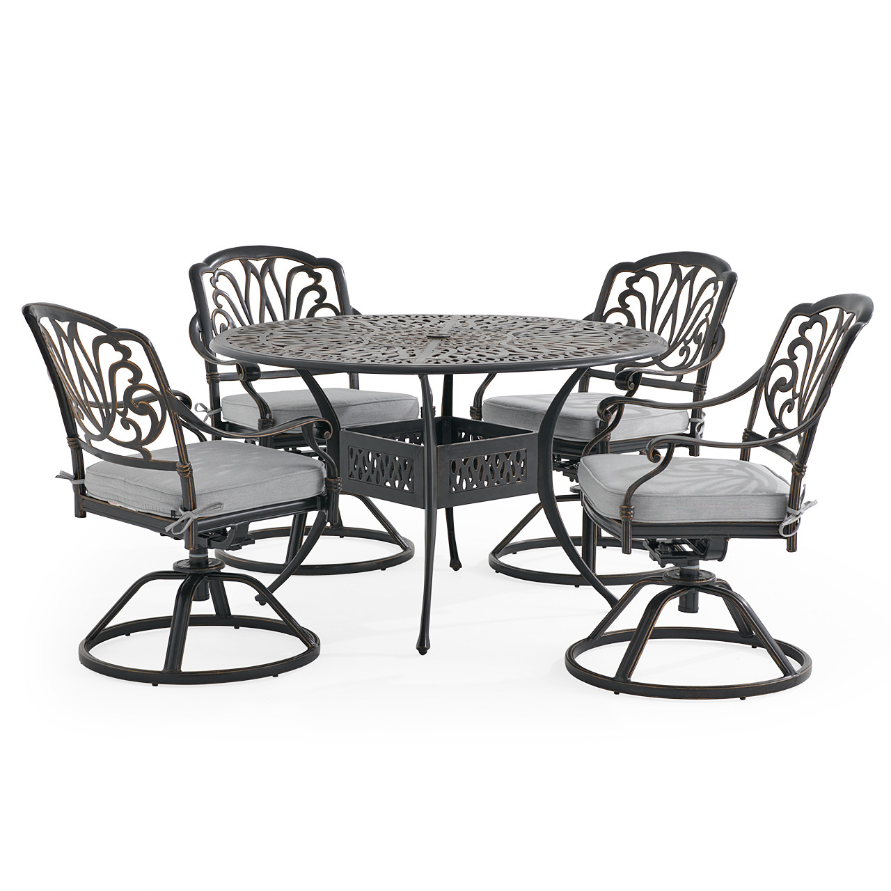 Roma Black Gold Cast Aluminum with Cushions 5 Piece Swivel Dining Set + 48 in. D Table