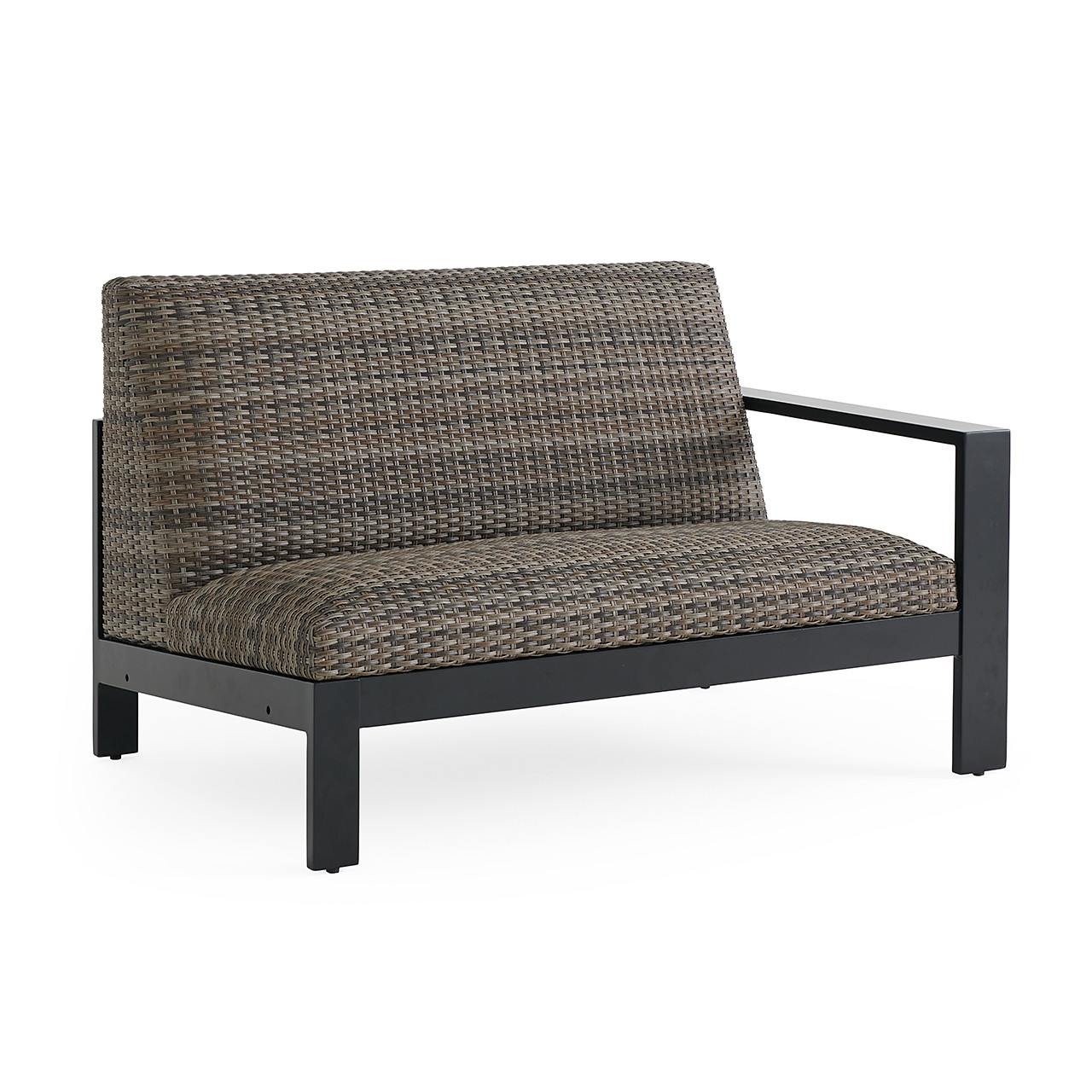 Chelsea Textured Black Aluminum and Weather Teak Outdoor Wicker Concealed Cushions 5 Piece Sectional + 52 x 32 in. Fire Pit Table