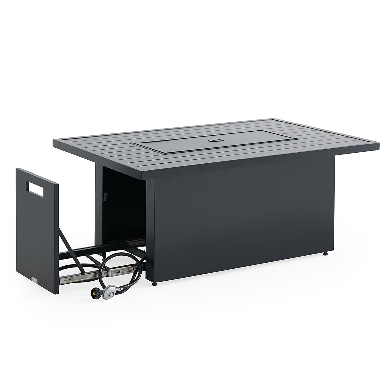 Chelsea Textured Black Aluminum and Weather Teak Outdoor Wicker Concealed Cushions 5 Piece Sectional + 52 x 32 in. Fire Pit Table