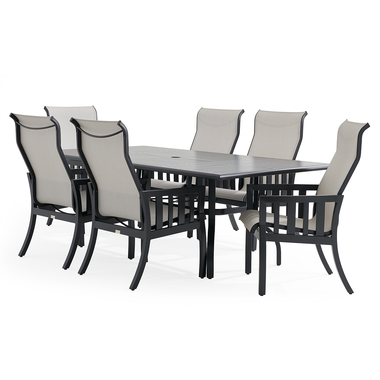 Siena Coal Aluminum with Sailing Seagull Cushions 7 Piece Dining Set + 84 x 44 in. Table