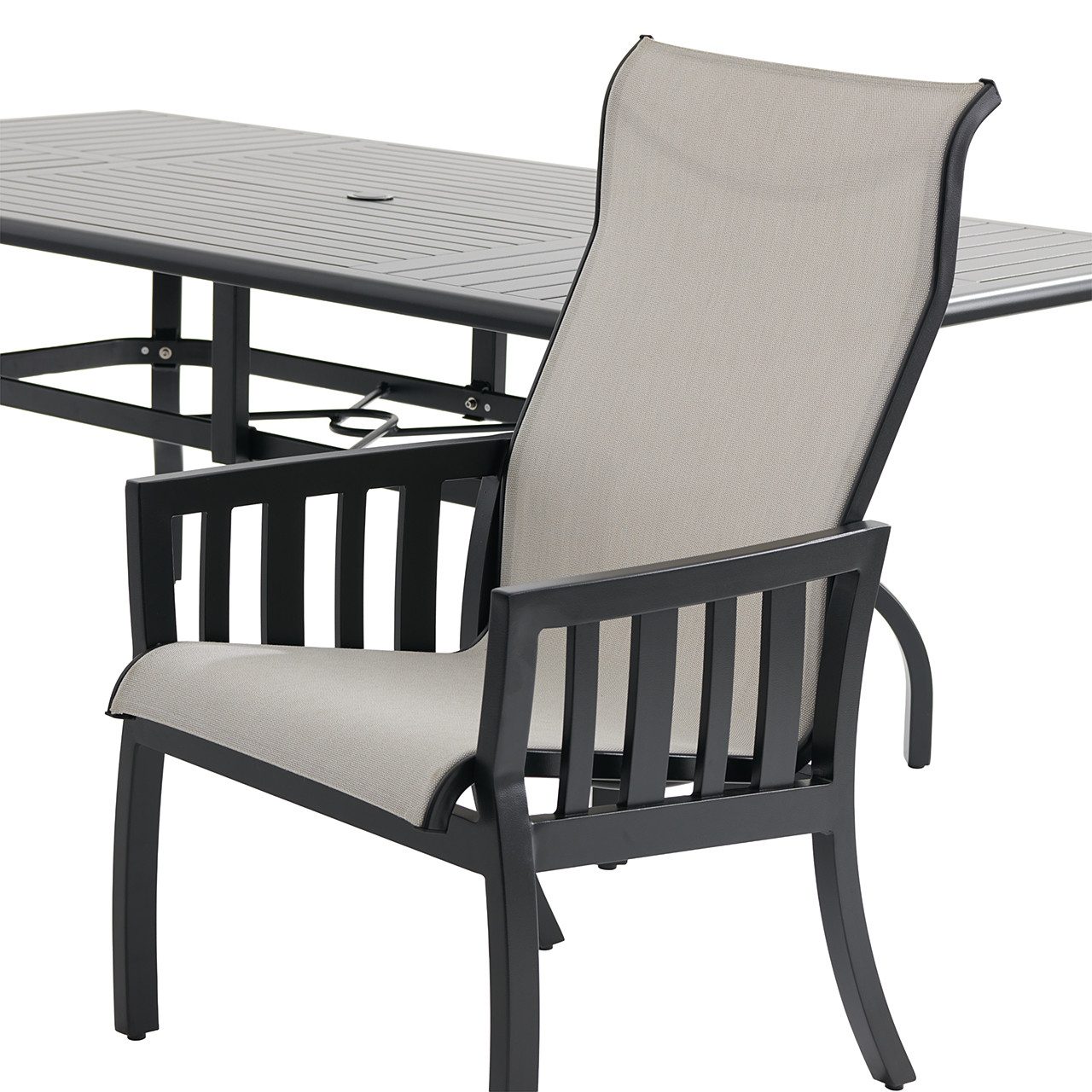 Siena Coal Aluminum with Sailing Seagull Cushions 7 Piece Dining Set + 84 x 44 in. Table