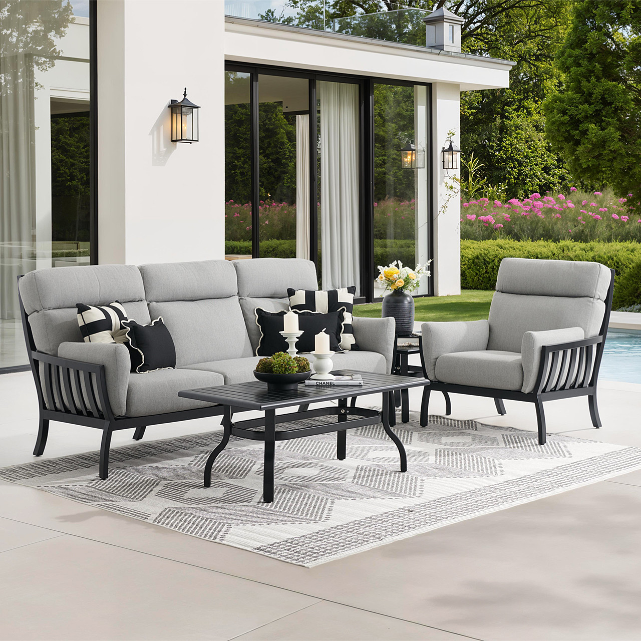 Siena Coal Aluminum with Panama Stone Grey 3 Piece Sofa Group + 46