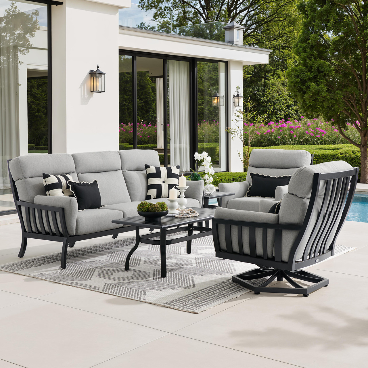 Siena Coal Aluminum with Panama Stone Grey 4 Piece Swivel Sofa Group + 46 x 26 in. Coffee Table