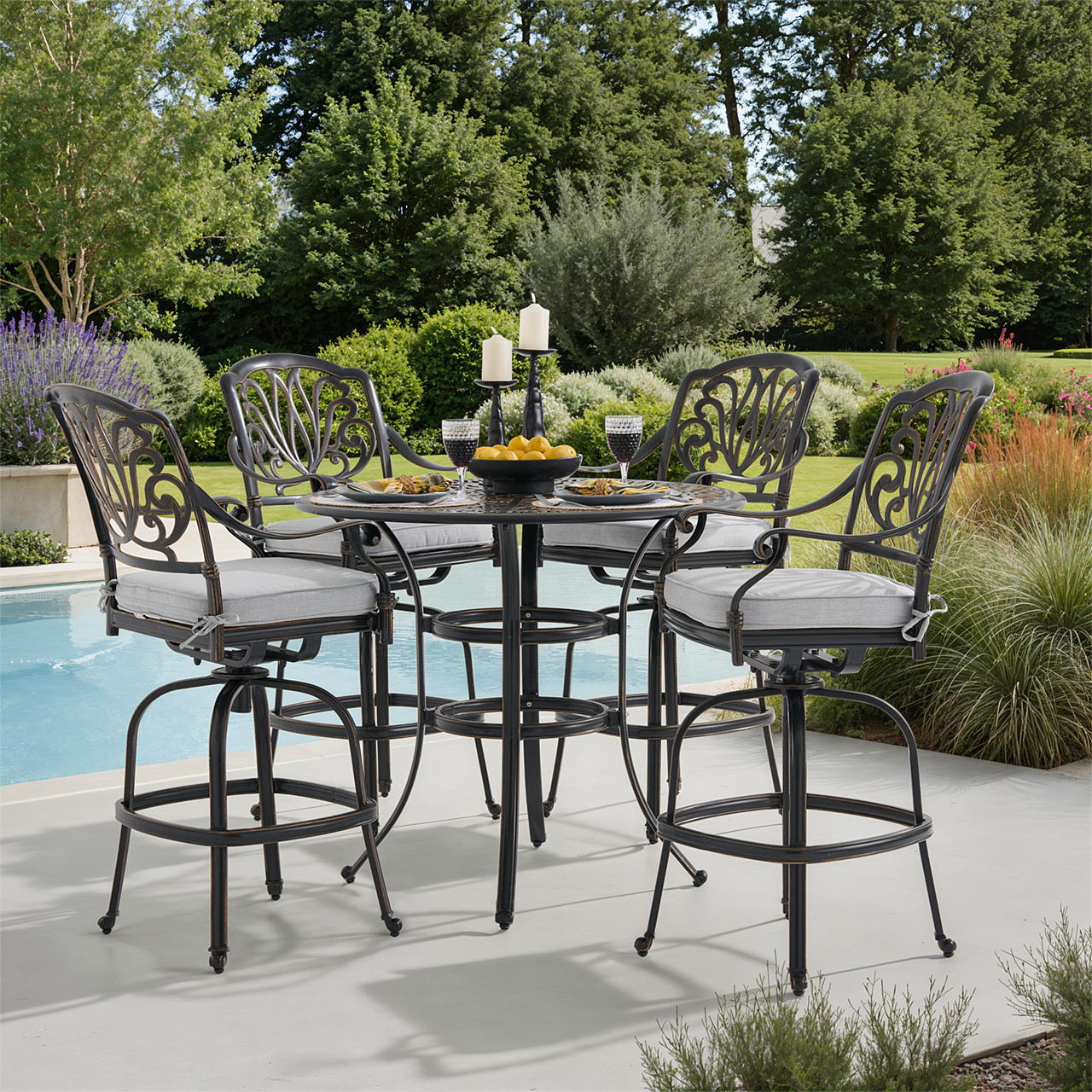 Roma Black Gold Cast Aluminum with Cushions 5 Piece Bar Set + 42 in. D Table