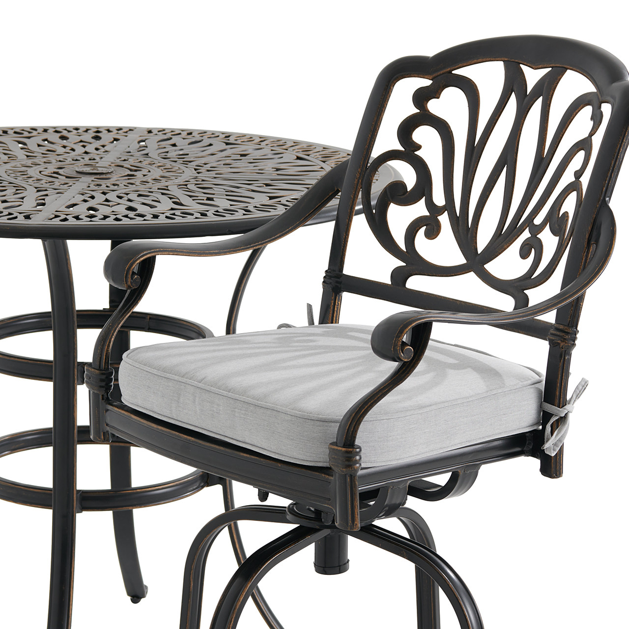 Roma Black Gold Cast Aluminum with Cushions 5 Piece Bar Set + 42 in. D Table