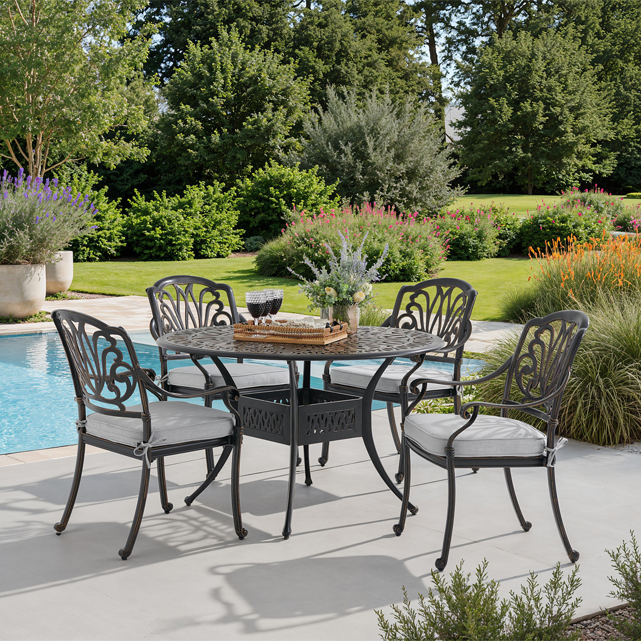 Roma Black Gold Cast Aluminum with Cushions 5 Piece Dining Set + 48 in. D Table
