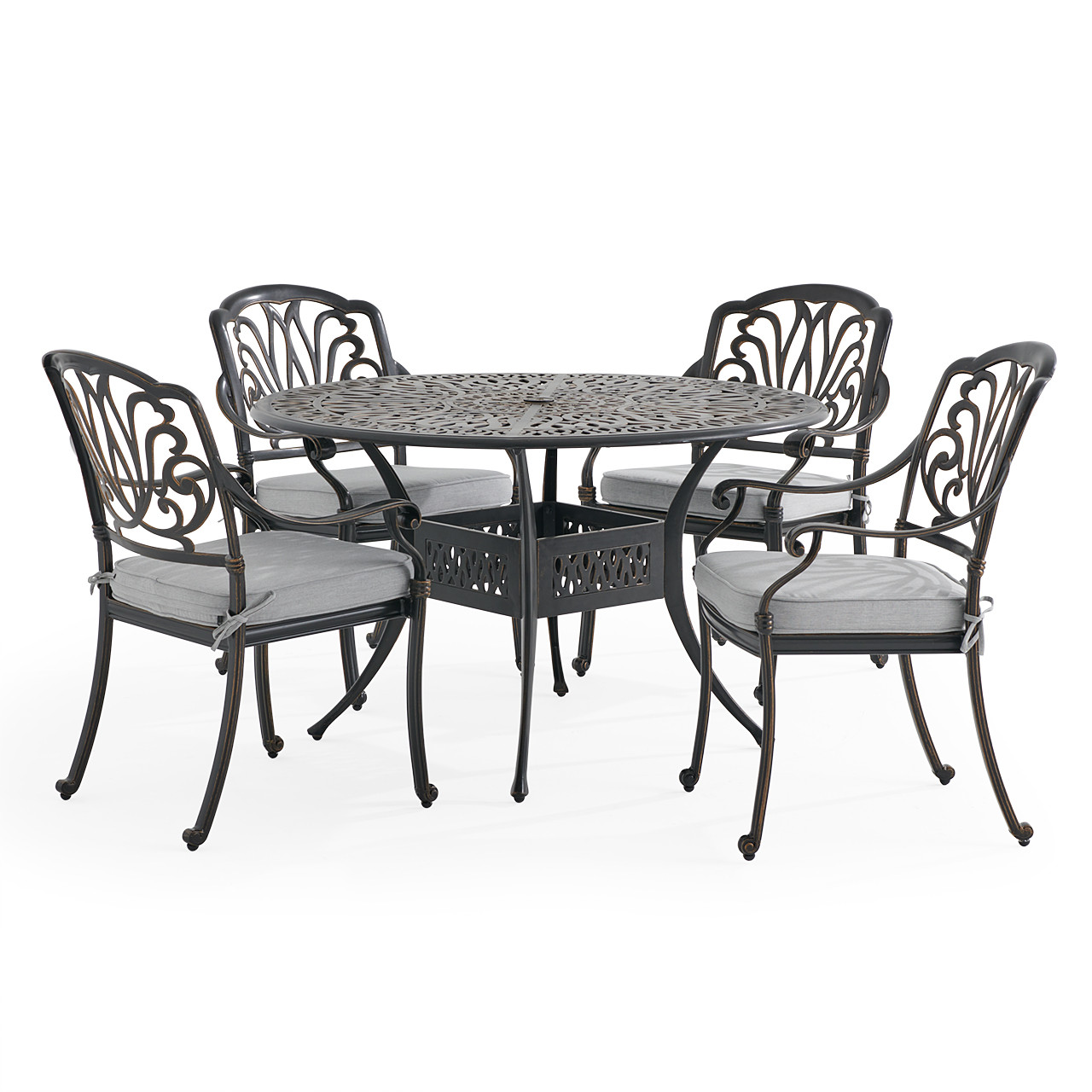 Roma Black Gold Cast Aluminum with Cushions 5 Piece Dining Set + 48 in. D Table