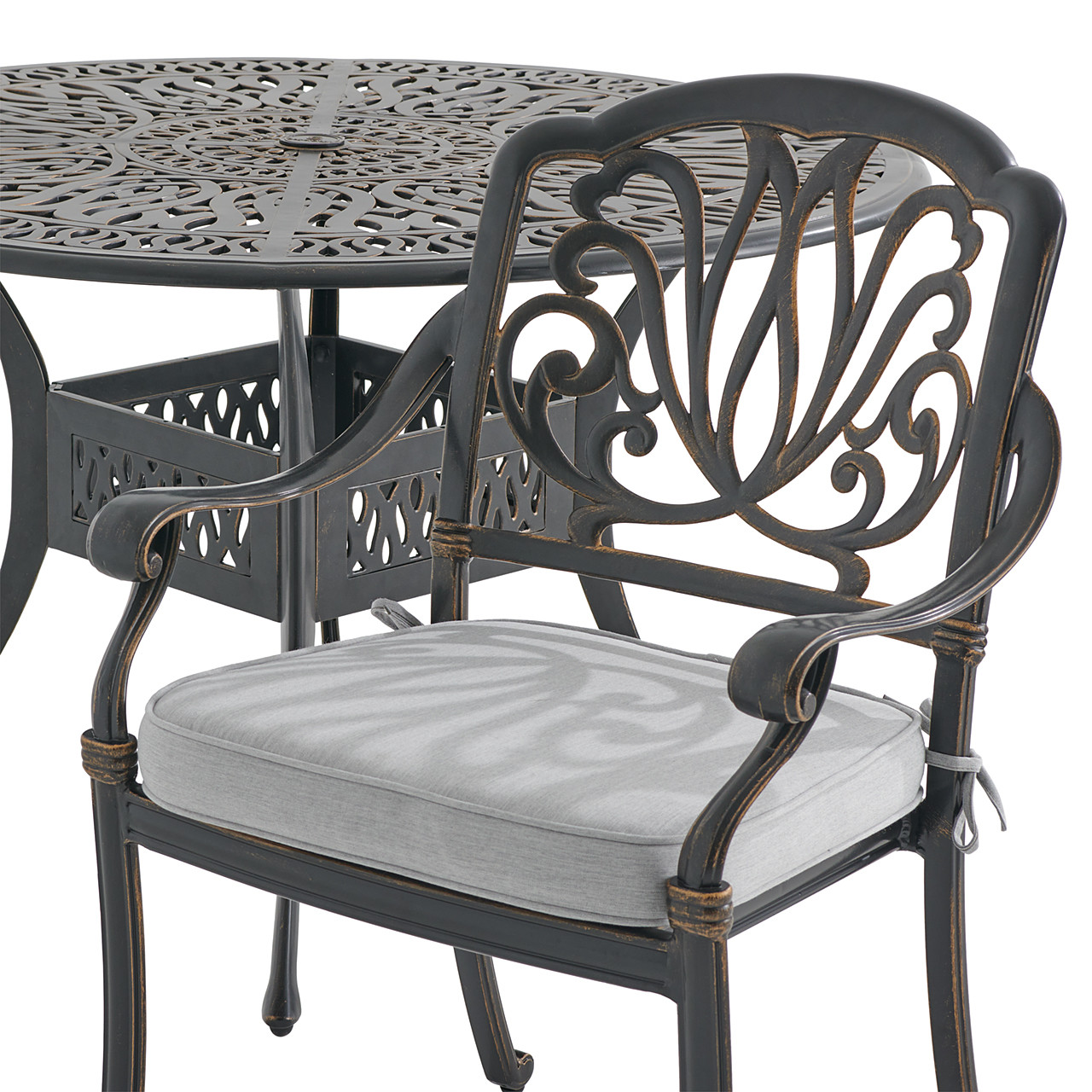 Roma Black Gold Cast Aluminum with Cushions 5 Piece Dining Set + 48 in. D Table