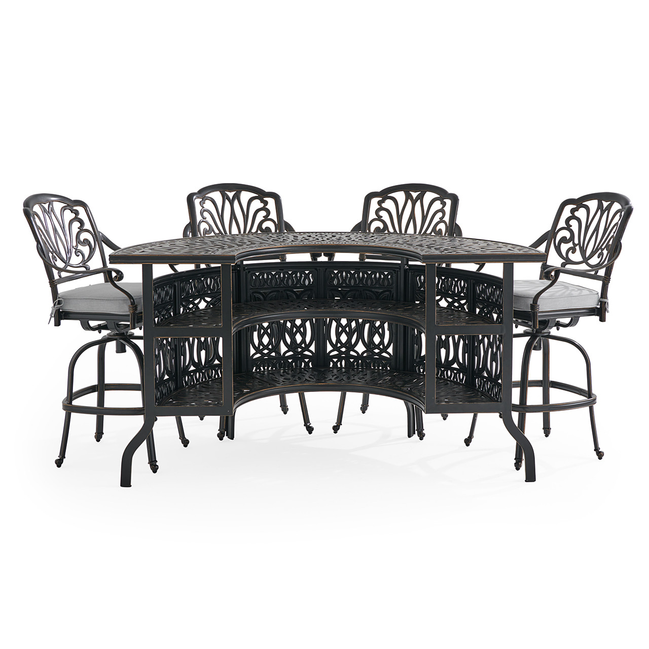 Roma Black Gold Cast Aluminum with Cushions 5 Piece Party Bar Set + 75 in. Table