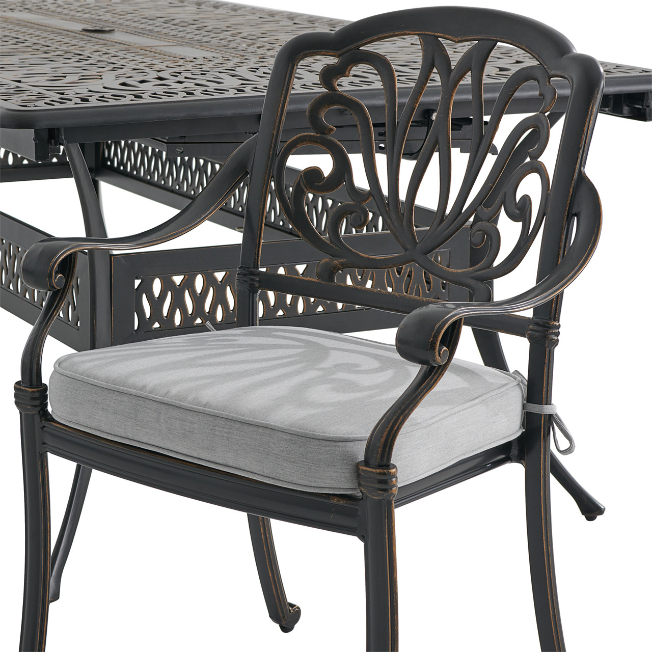 Roma Black Gold Cast Aluminum with Cushions 9 Piece Dining Set + 84-132 x 48 in. Double Extension Table