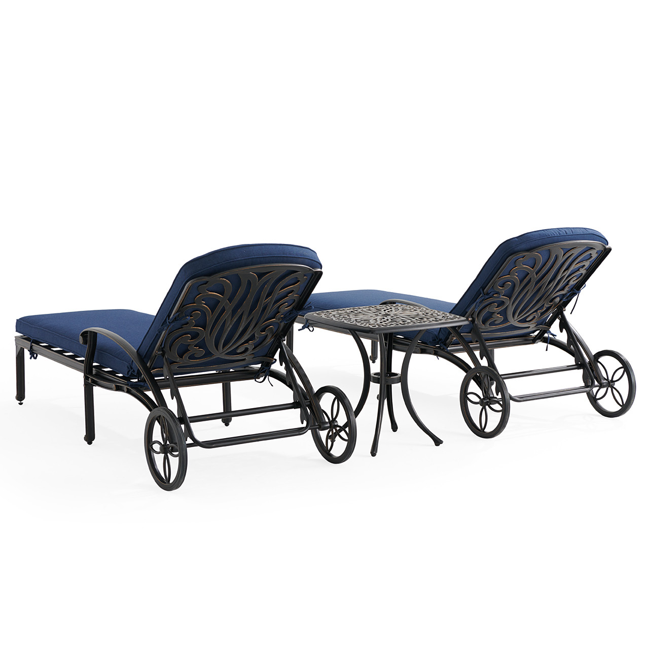 Roma Black Gold Cast Aluminum with Cushions 3 Piece Chaise Lounge Set + 21 in. Sq. Side Table