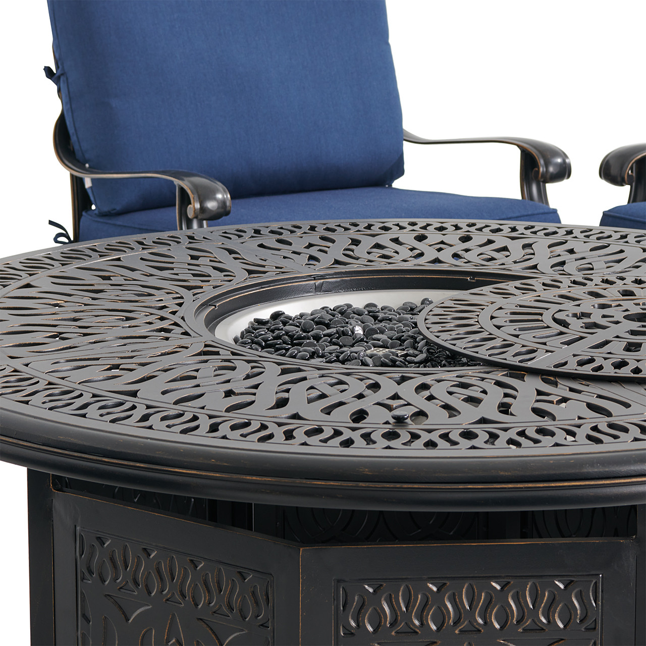 Roma Black Gold Cast Aluminum with Cushions 5 Piece Swivel Chat Set + 52 in. D Gas Fire Pit
