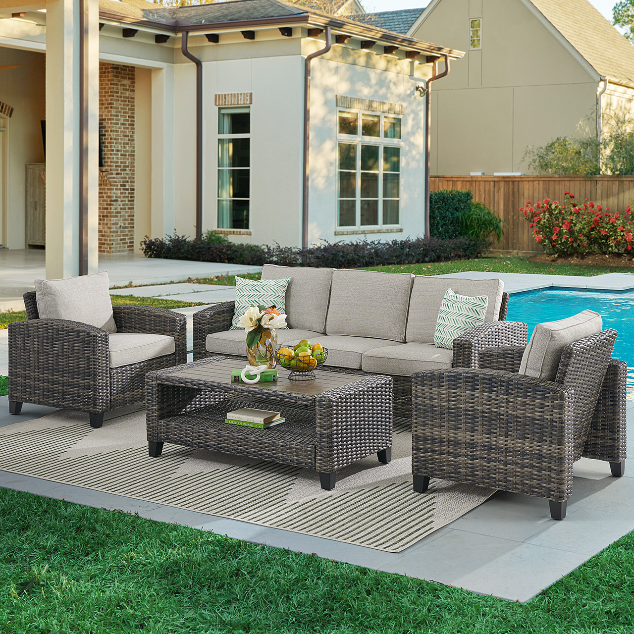 Palermo Silver Oak Outdoor Wicker with Linen Cushions 4 Piece Sofa