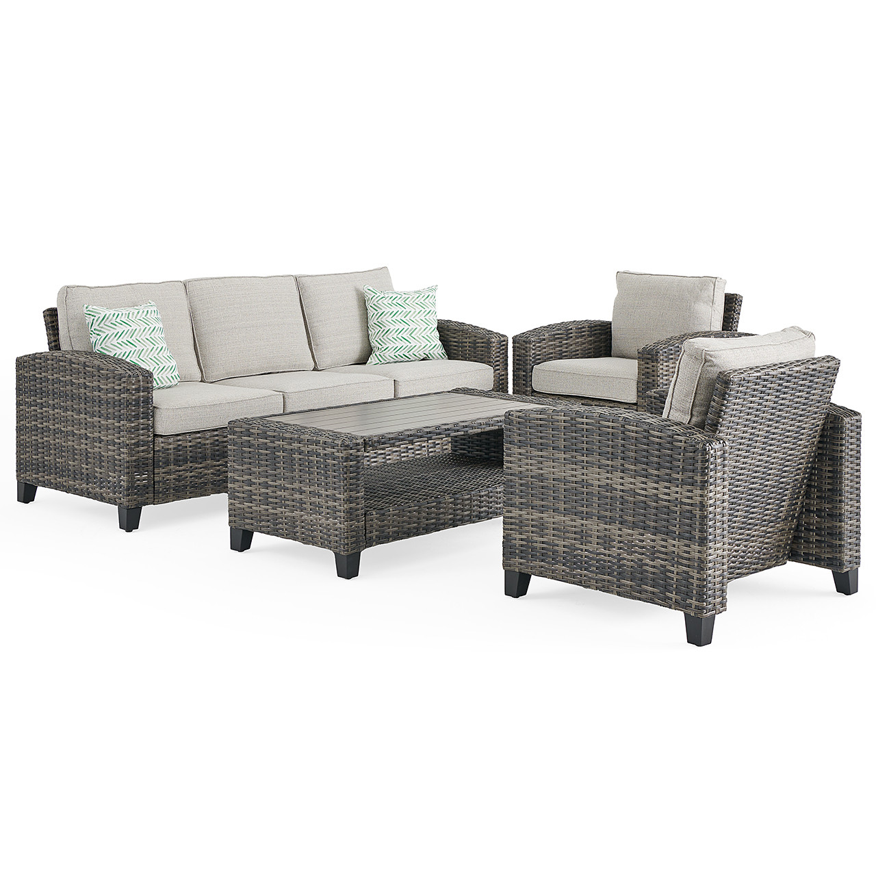 Palermo Silver Oak Outdoor Wicker with Linen Cushions 4 Piece Sofa Group + 44 x 25 in. Coffee Table