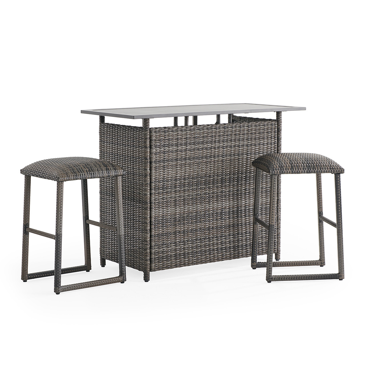 Venice Silver Oak Outdoor Wicker 3 Piece Bar Set with Backless Barstools + 54 x 27 in. Party Table