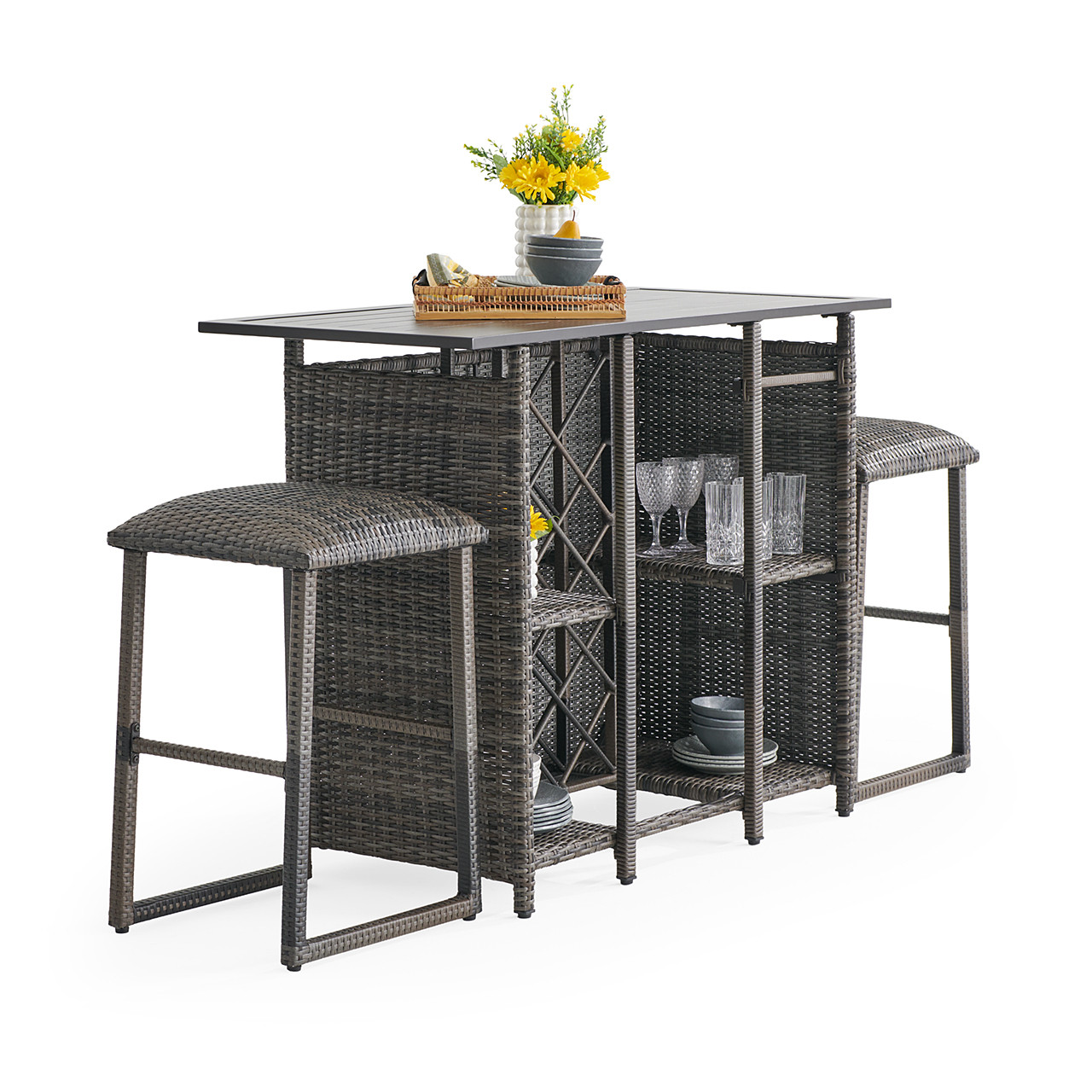 Venice Silver Oak Outdoor Wicker 3 Piece Bar Set with Backless Barstools + 54 x 27 in. Party Table
