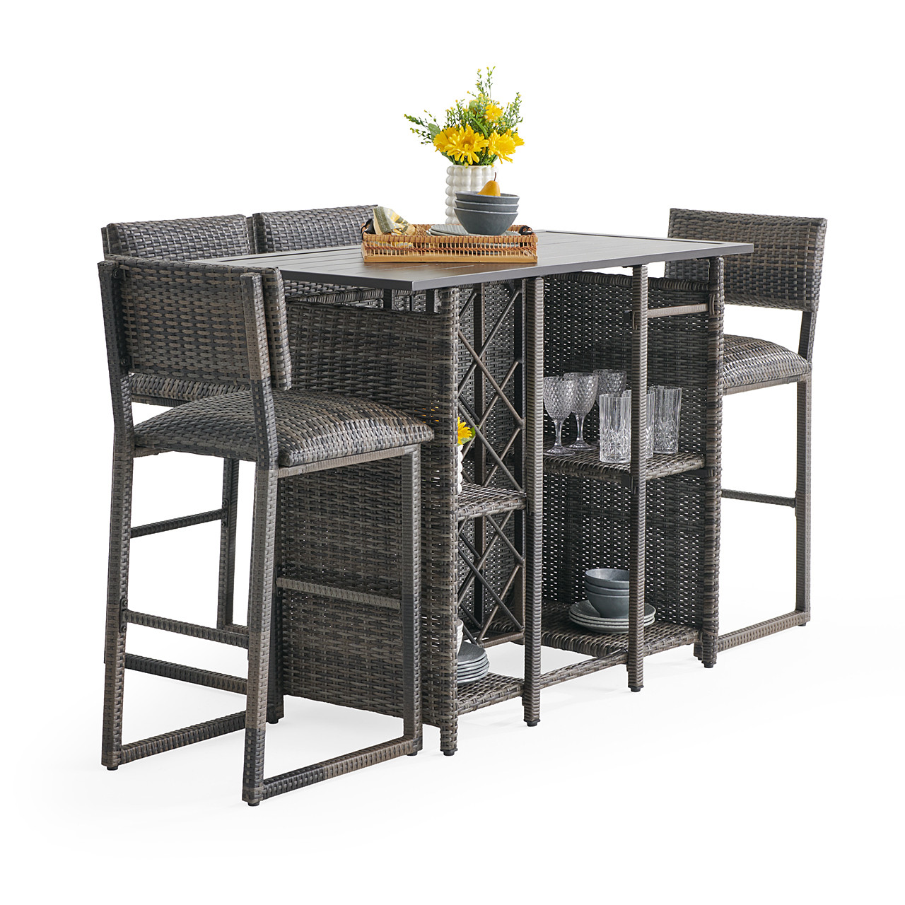 Venice Silver Oak Outdoor Wicker 5 Piece Bar Set with Armless