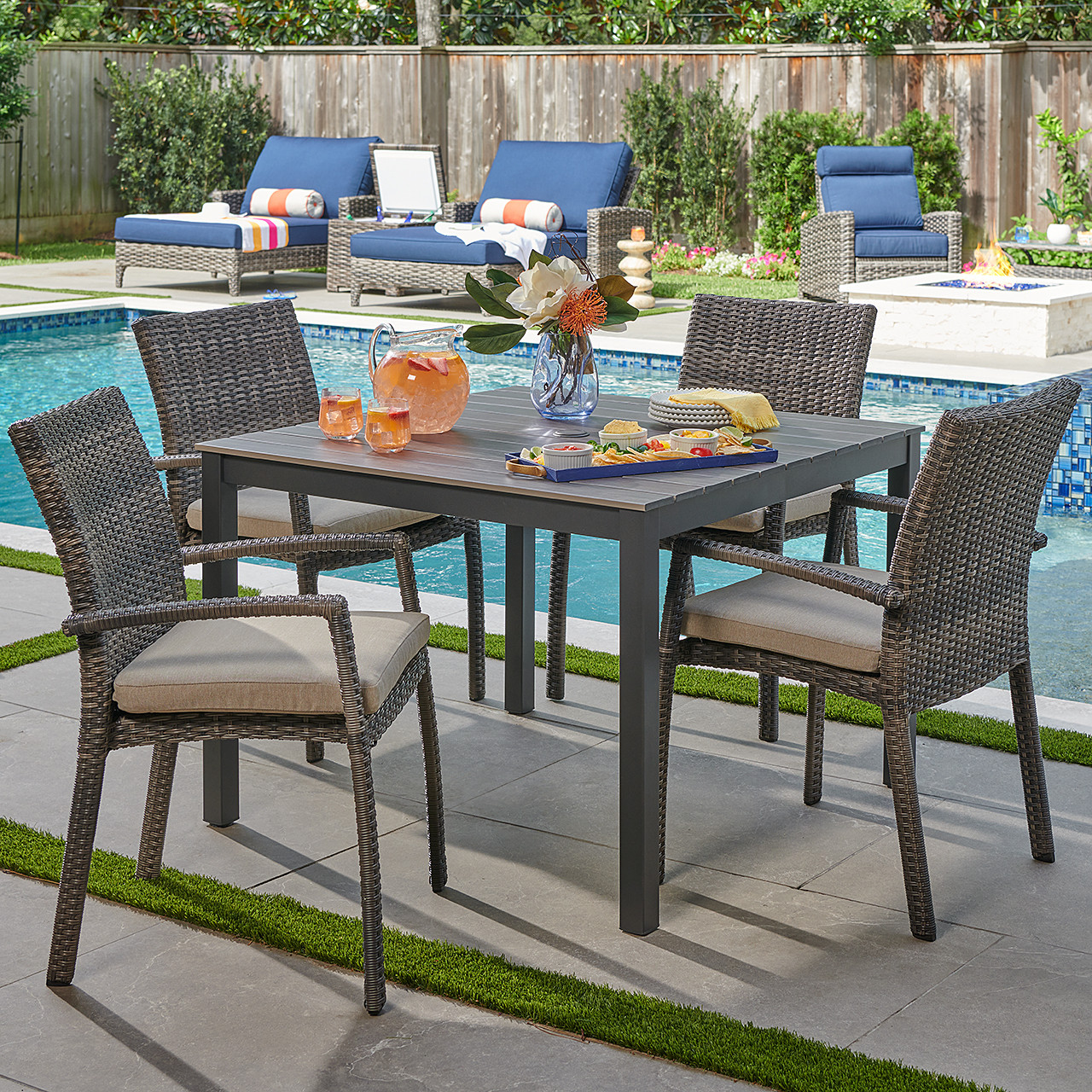 Sonoma Husk Outdoor Wicker with Cushions 5 Piece Dining Set + 40 in. Sq. Table