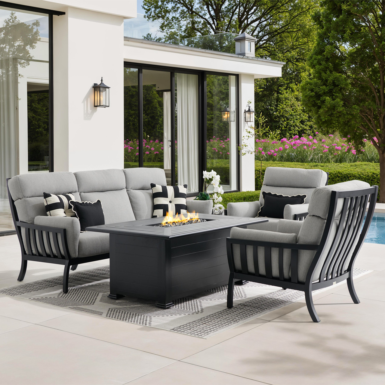 Siena Coal Aluminum with Panama Stone Grey 4 Piece Sofa Group + 36 x 58 in. Fire Pit Table