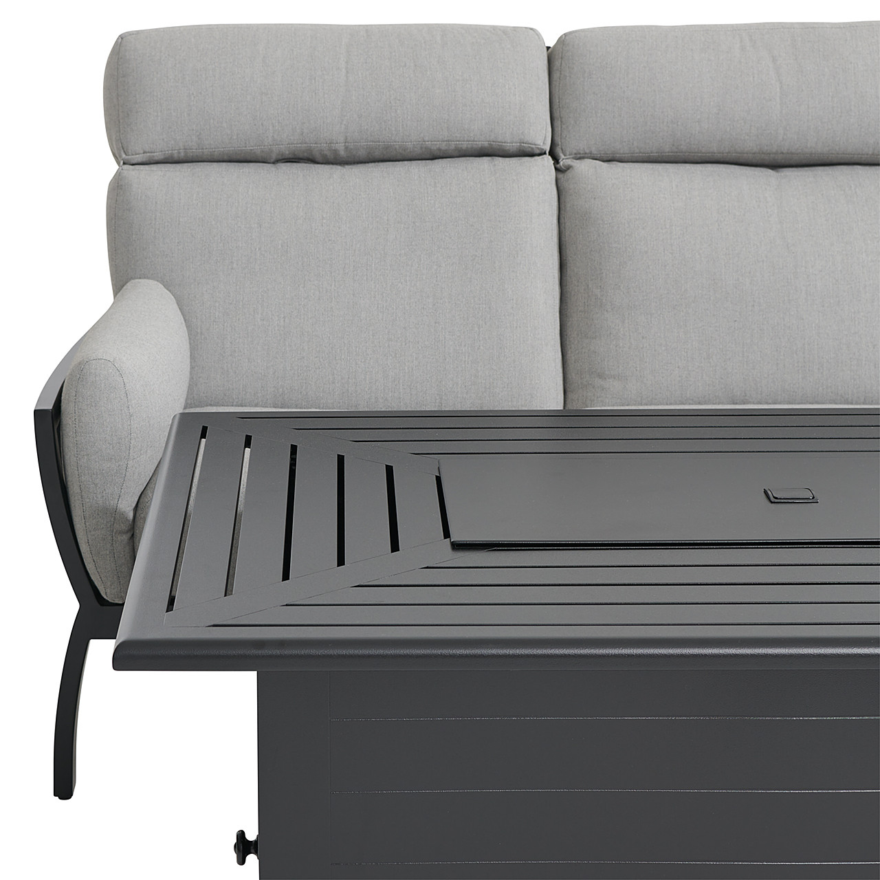 Siena Coal Aluminum with Panama Stone Grey 4 Piece Sofa Group + 36 x 58 in. Fire Pit Table