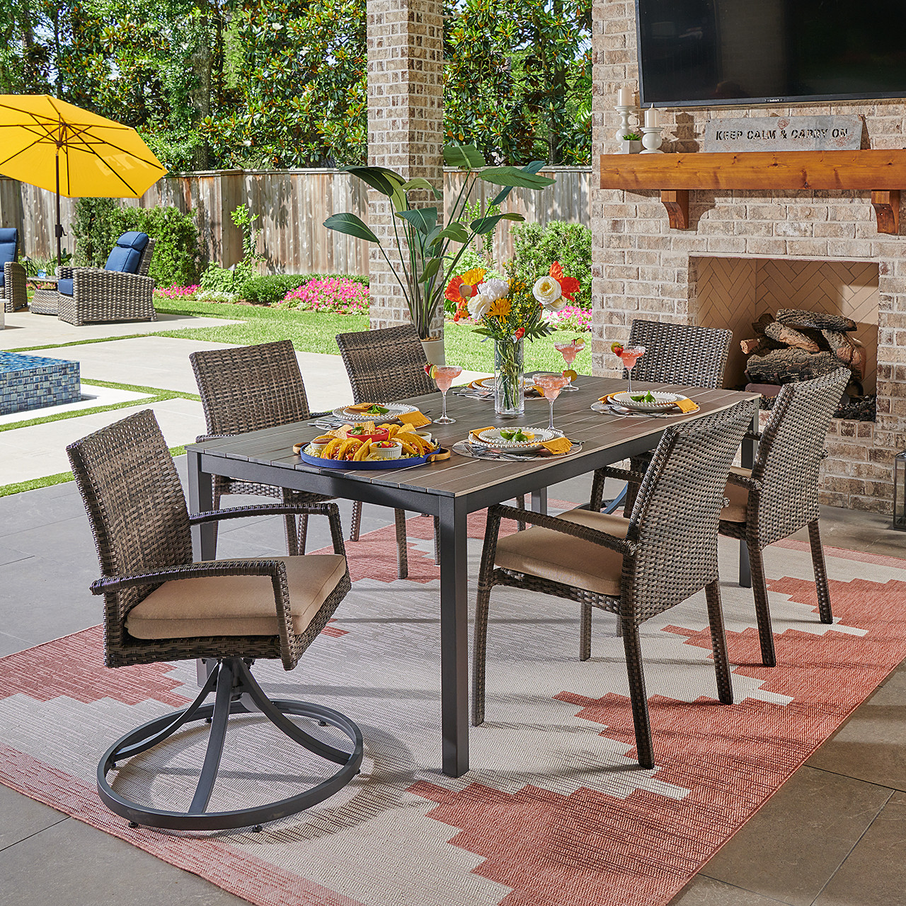 Sonoma Husk Outdoor Wicker with Cushions 7 Piece Combo Dining Set + 72 x 40 in. Table