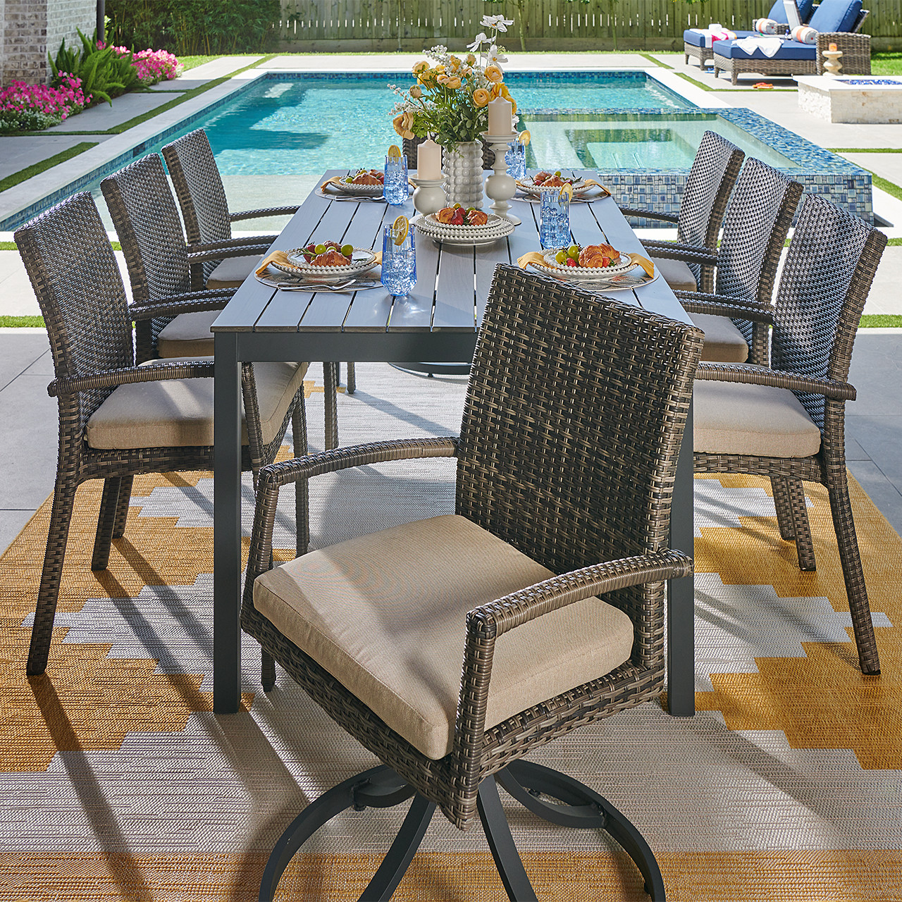 Sonoma Husk Outdoor Wicker with Cushions 9 Piece Combo Dining Set + 84 x 40 in. Table