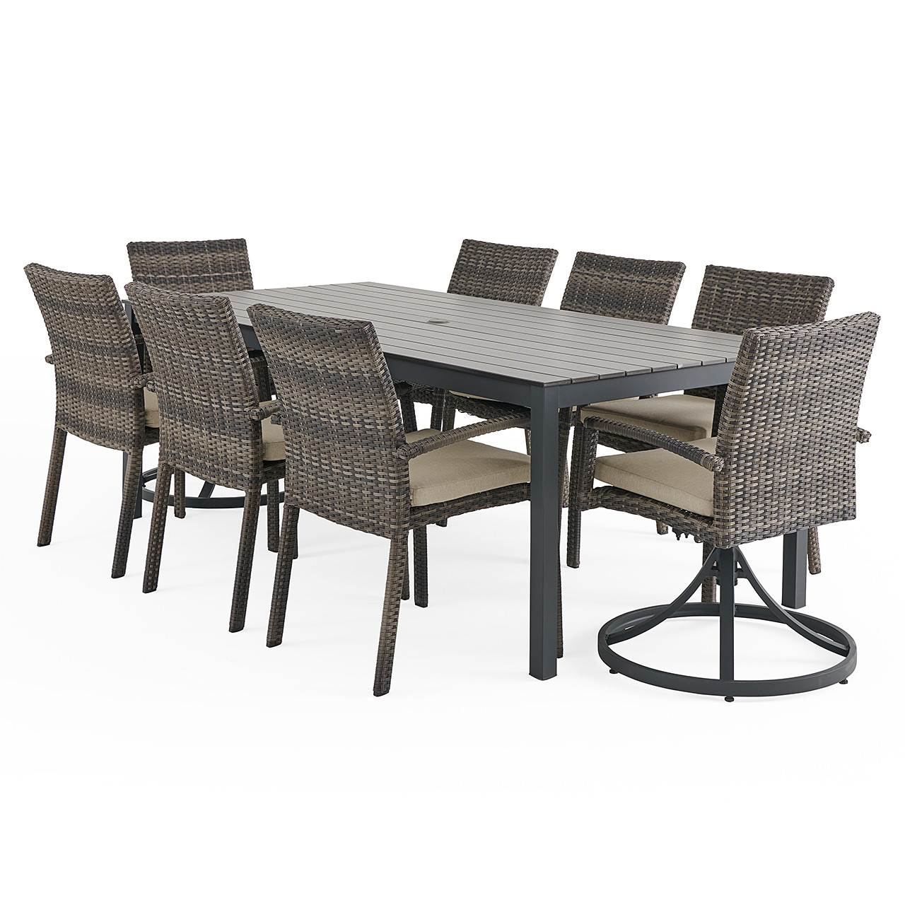 Sonoma Husk Outdoor Wicker with Cushions 9 Piece Combo Dining Set + 84 x 40 in. Table