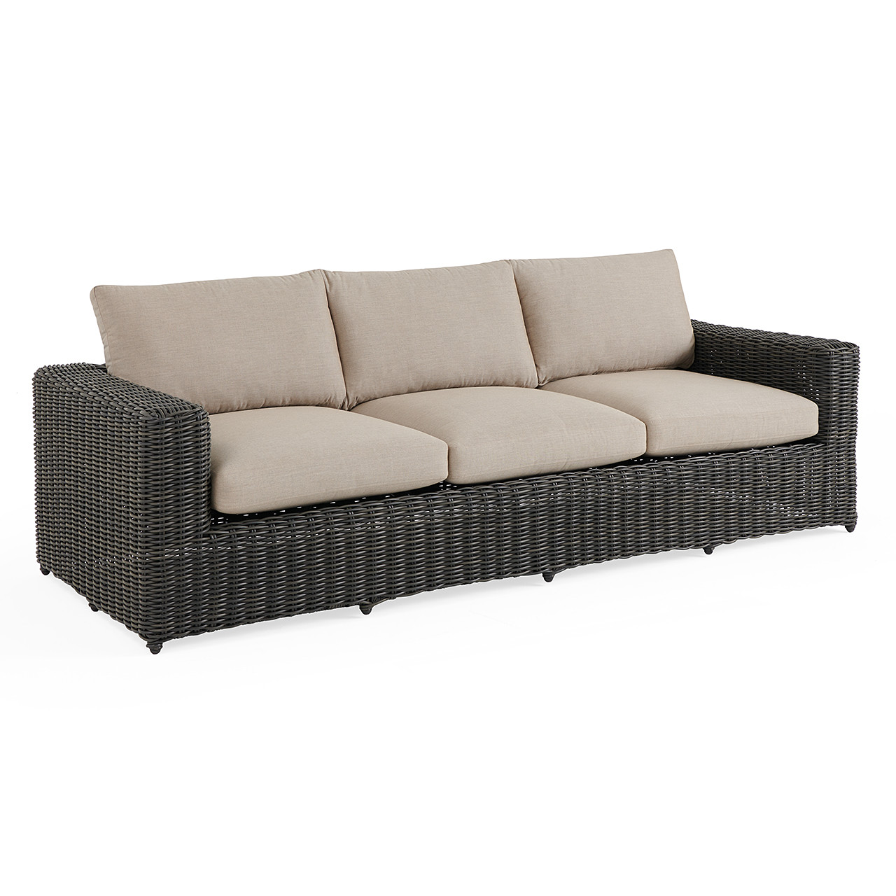 Laguna Smoke Outdoor Wicker with Cushions 3 Piece Swivel Sofa Group + 52 x 32 in. D Fire Pit Table